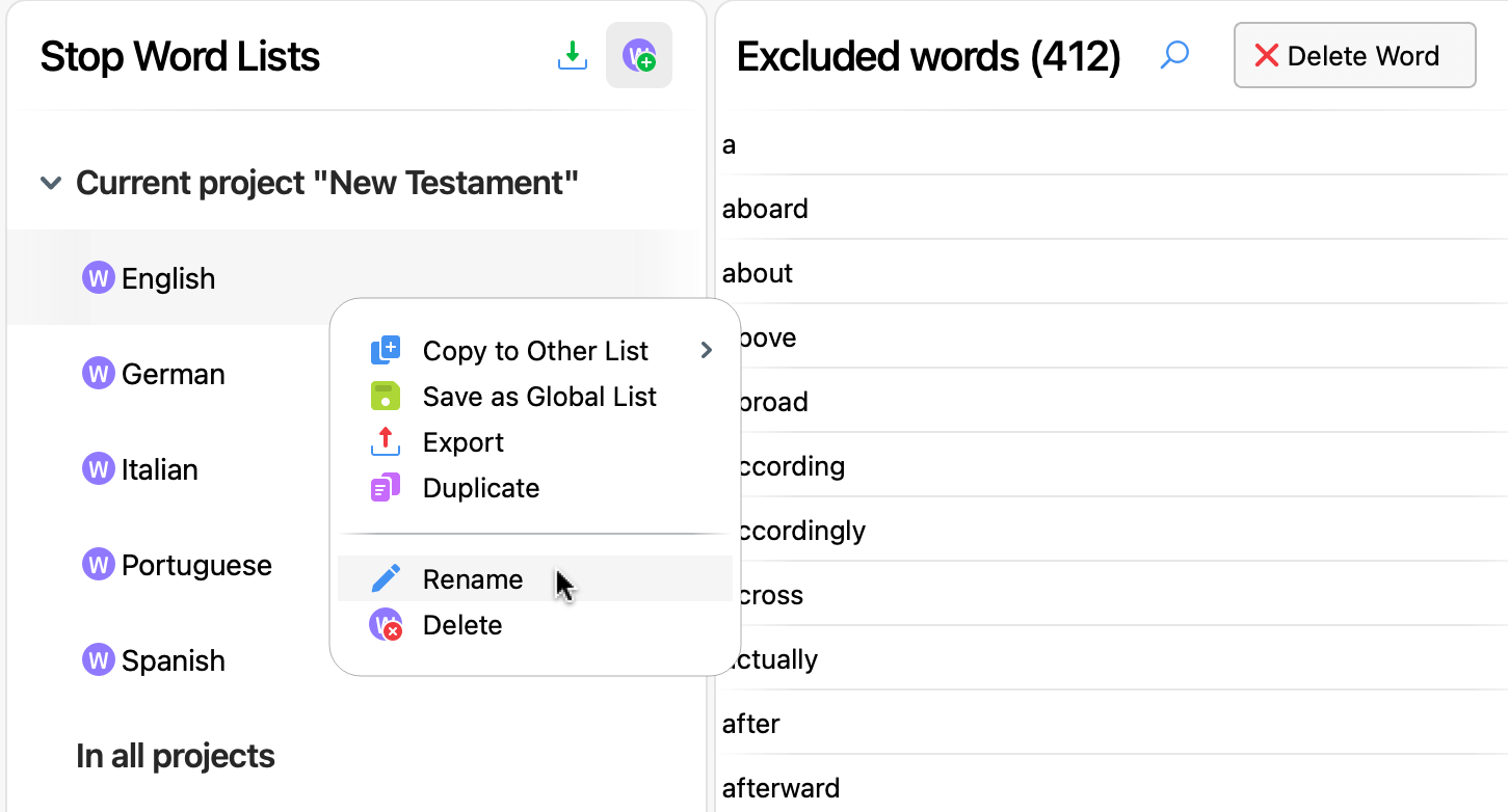 Stop Word List options Screenshot of Stop Word List context menu options