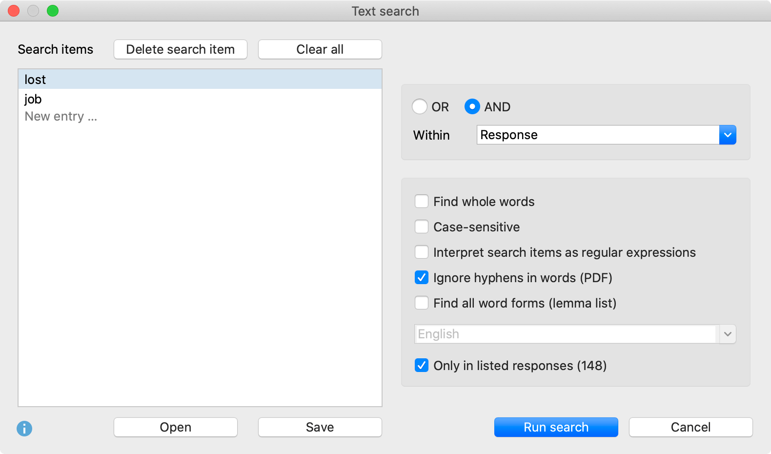 The “Text search” window The “Text search” window
