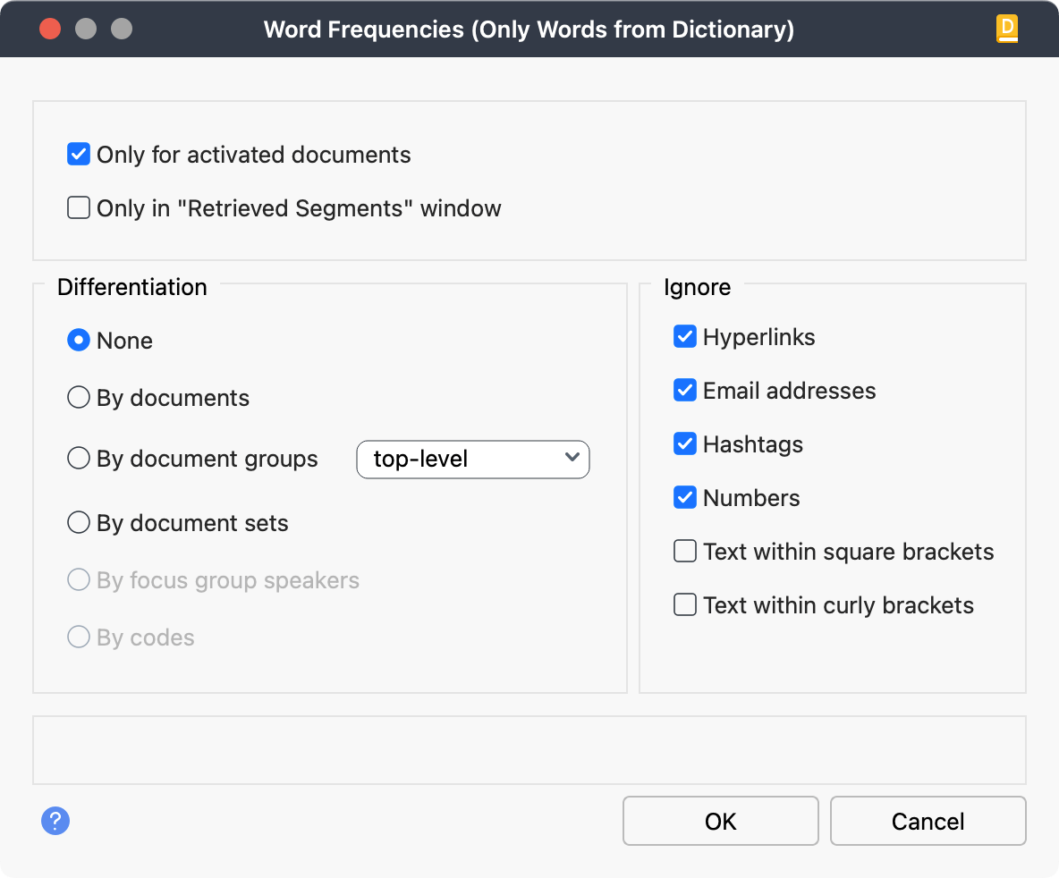 Option dialog “Word frequencies – Count only dictionary words” Option dialog “Word frequencies – Count only dictionary words”