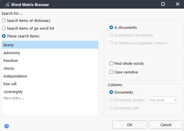 Set options for Word Matrix Browser Set options for Word Matrix Browser