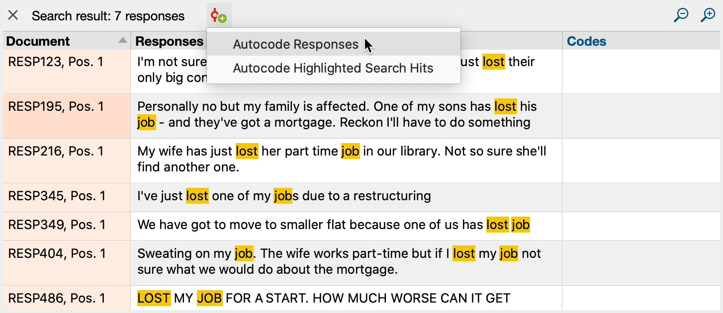 List of search hits and starting autocoding procedure List of search hits and starting autocoding procedure