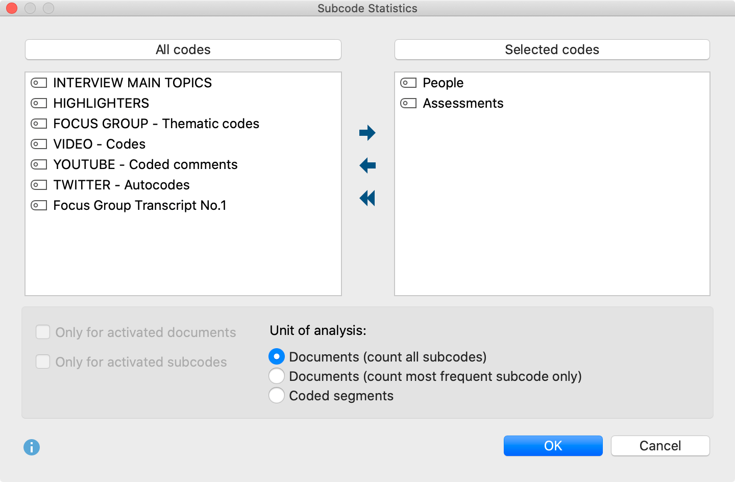 Statistics for subcodes: choose codes Statistics for subcodes: choose codes