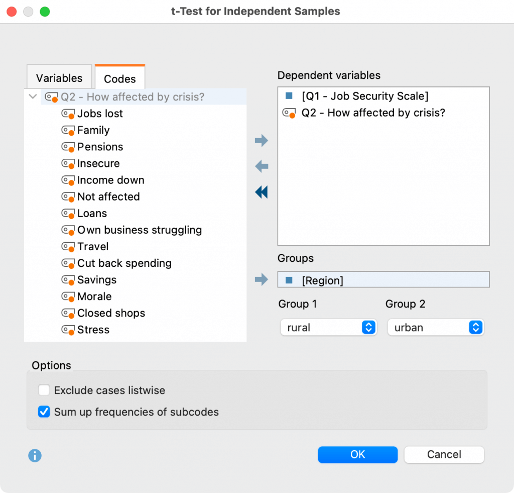 Dialog for selecting the dependent variable and the grouping factor for t-test or U-test Dialog for selecting the dependent variable and the grouping factor for t-test or U-test