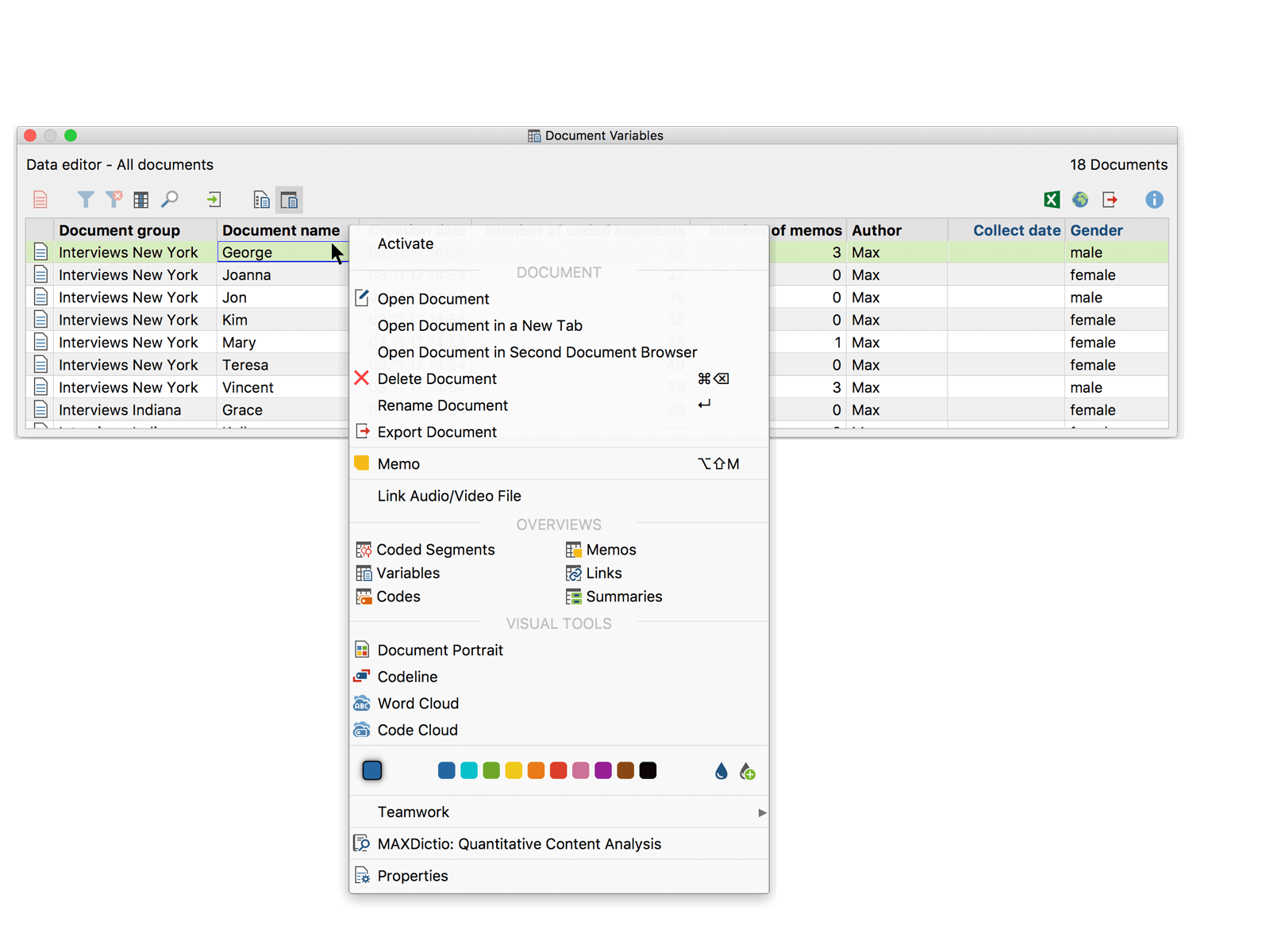 Context menu in the document variables table Context menu in the document variables table