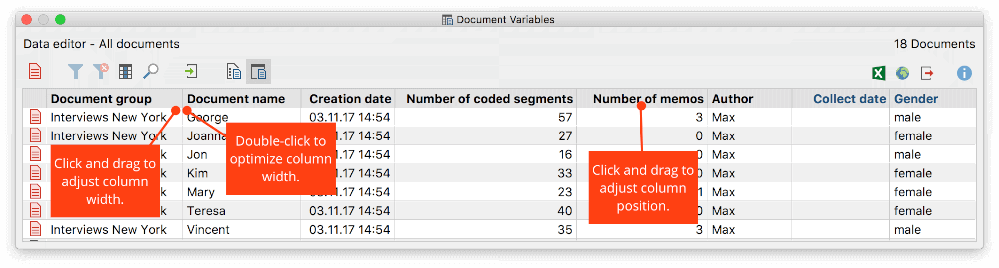 Adjust column width and position Adjust column width and position