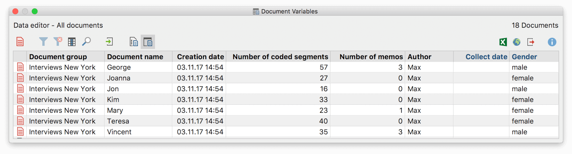 Table view of an example project’s document variables Table view of an example project’s document variables
