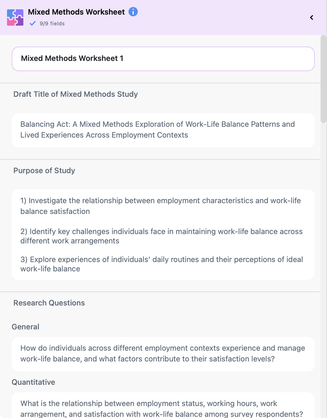 Sidebar with fields to reflect on your mixed methods study