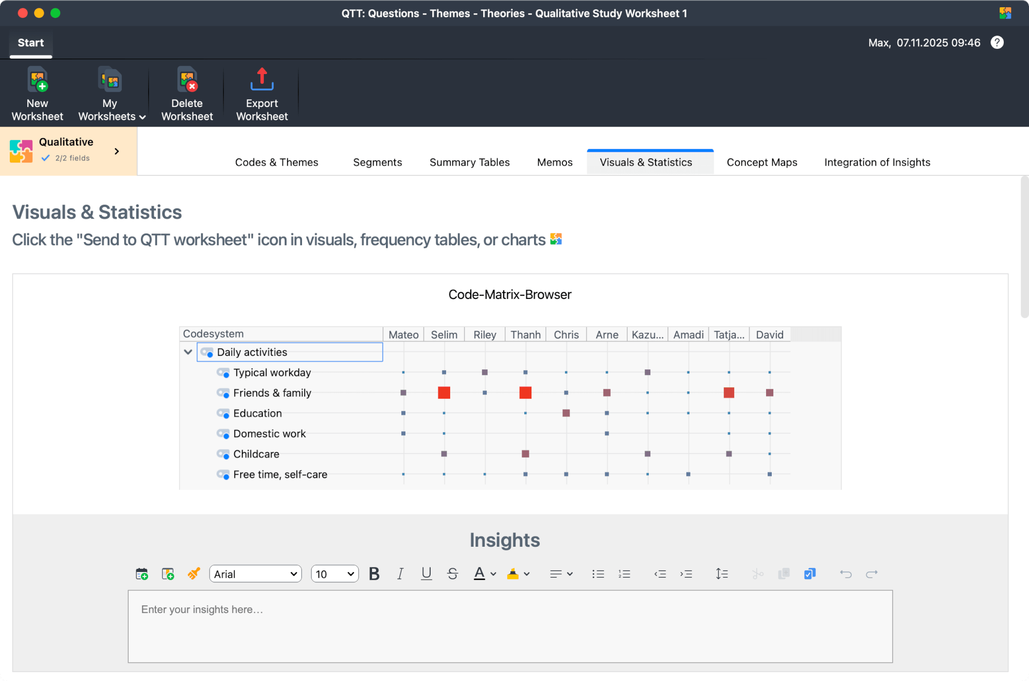 Code Matrix Browser output saved in the QTT section “Visuals & Statistics” of a Qualitative Study Worksheet Code Matrix Browser output saved in the QTT section “Visuals & Statistics” of a Qualitative Study Worksheet