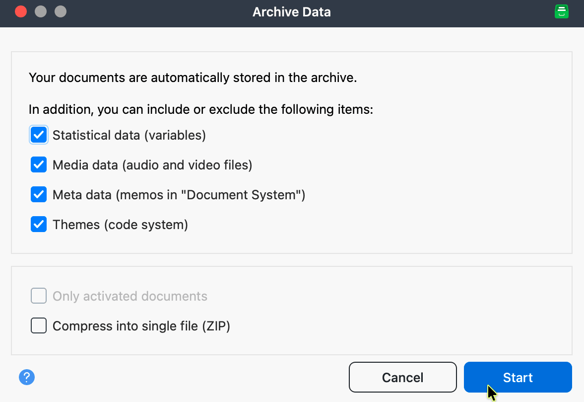 Archiving project data for reuse: Options dialog window