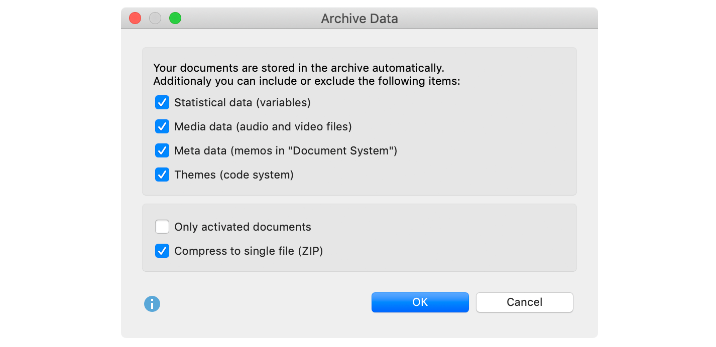 Archiving project data for reuse: Options dialog window