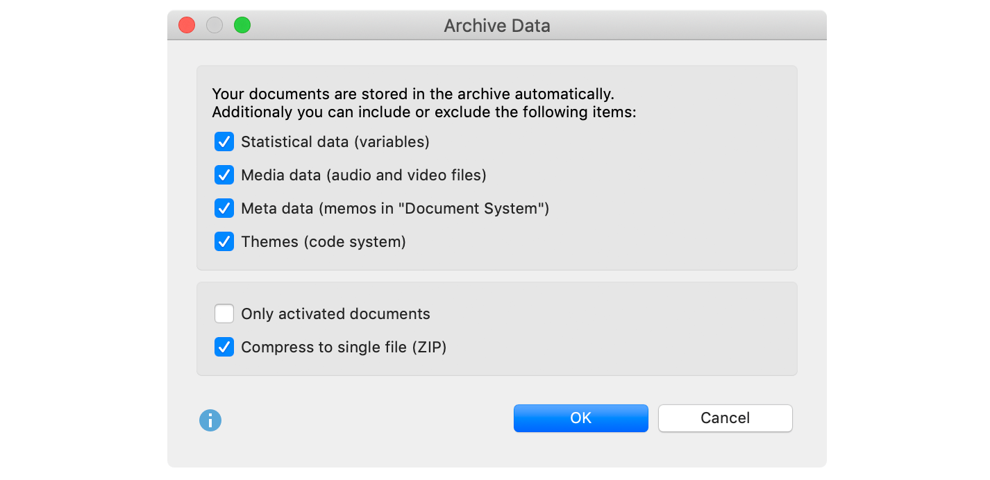 Archiving project data for reuse: Options dialog window Archiving project data for reuse: Options dialog window