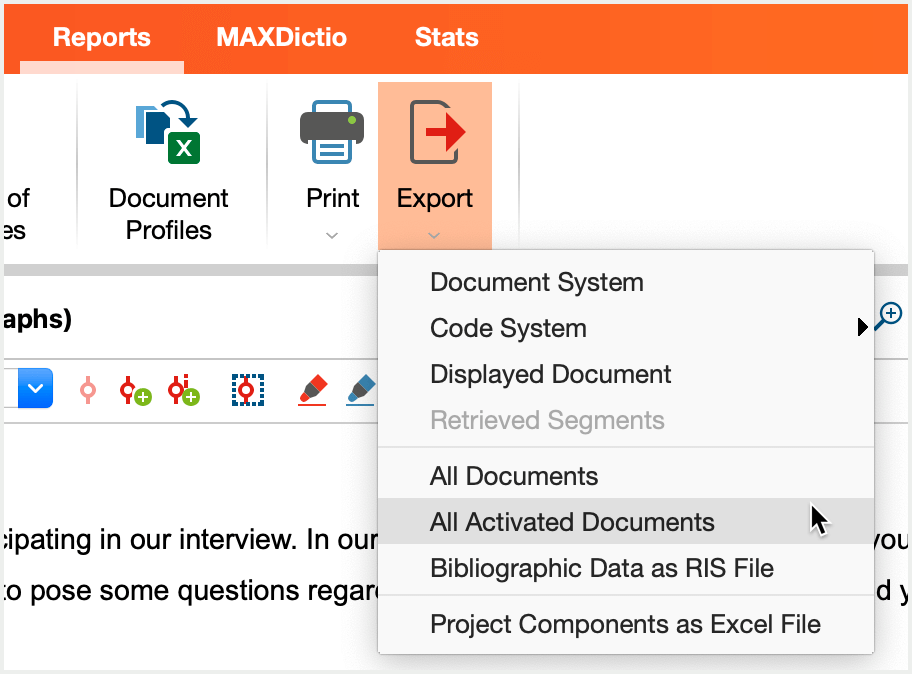 Export options in the „Reports“ menu Export options in the „Reports“ menu