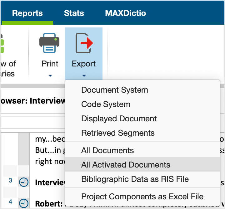 Export options in the „Reports“ menu Export options in the „Reports“ menu