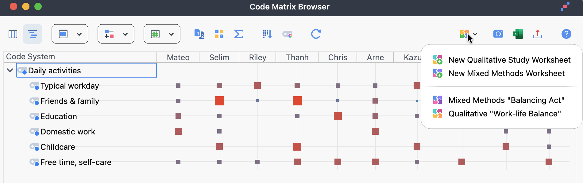 Screenshot of a code matrix browser window with a visible Send to QTT menu