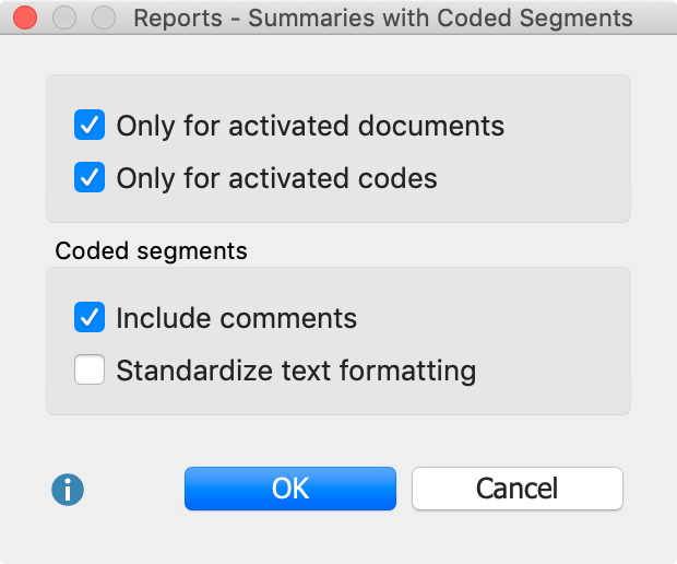 Options for creating a report of your summaries with coded segments
