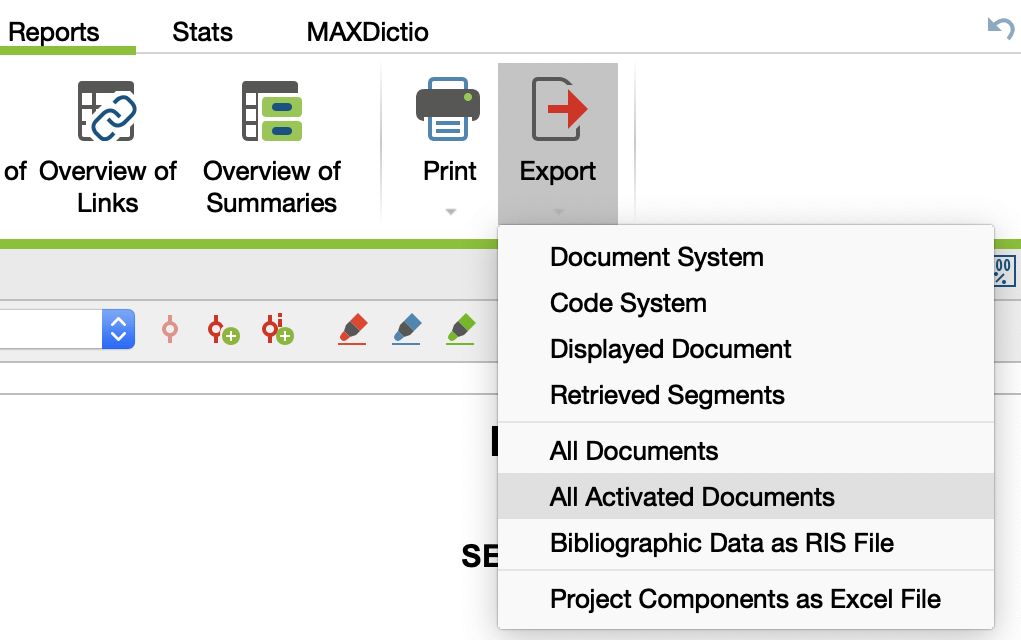 Export options in the „Reports“ menu Export options in the „Reports“ menu