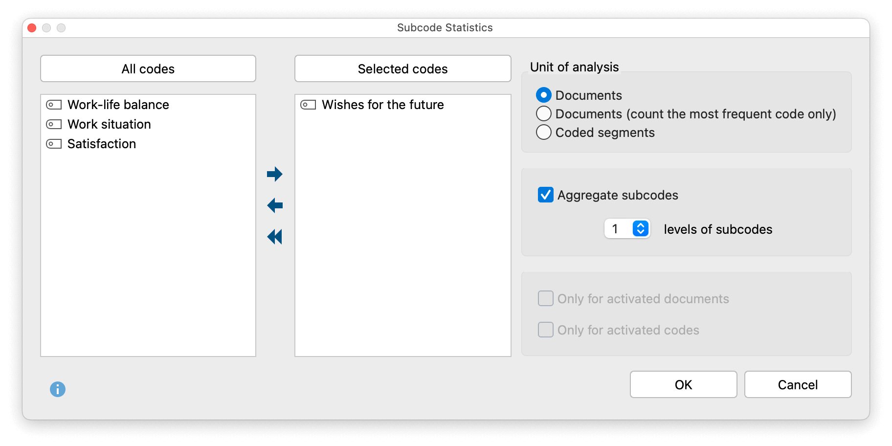 Options dialog for Subcode Statistics