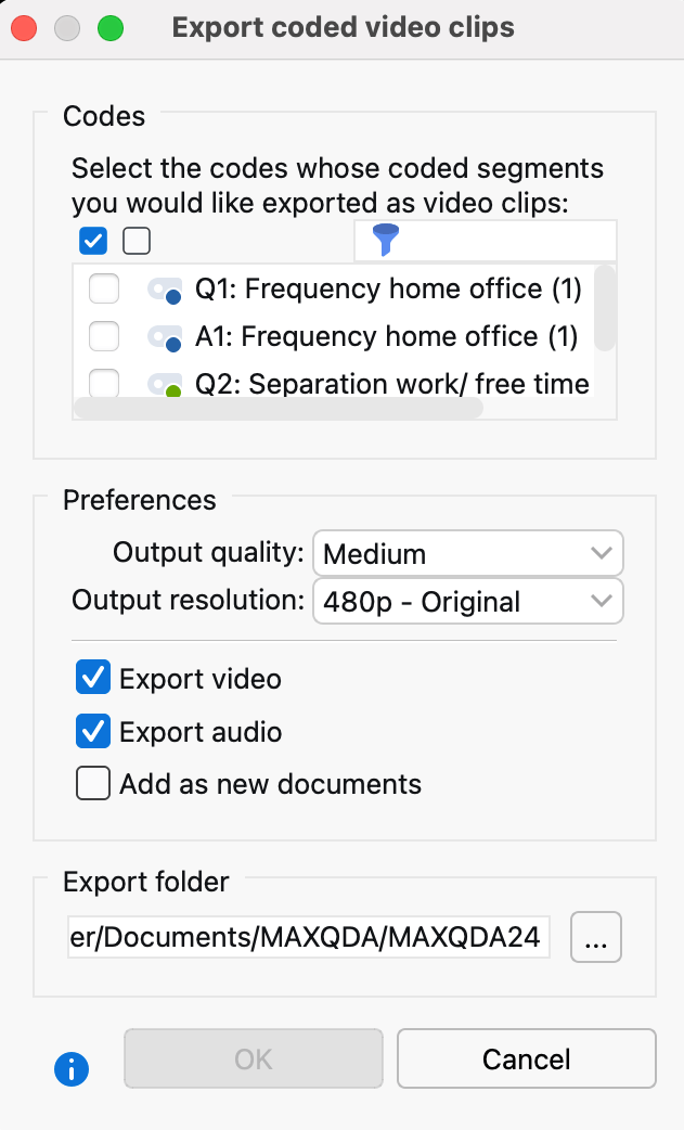 Dialog window for exporting coded video clips Dialog window for exporting coded video clips