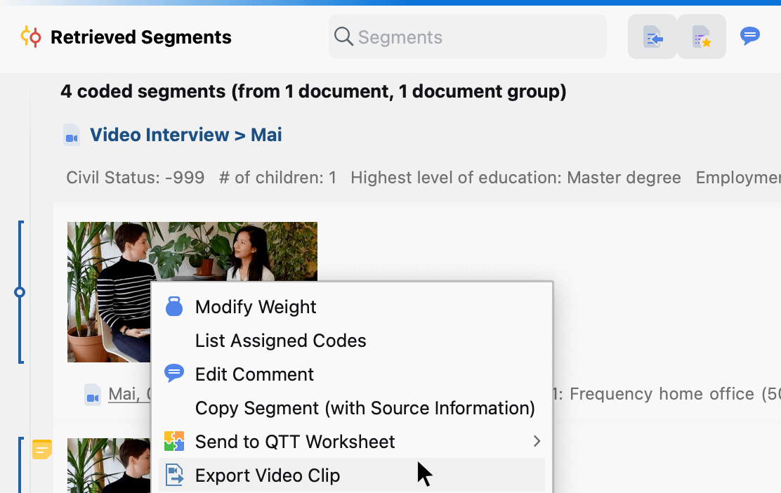 Exporting a video clip from the “Retrieved Segments“ window Exporting a video clip from the “Retrieved Segments“ window