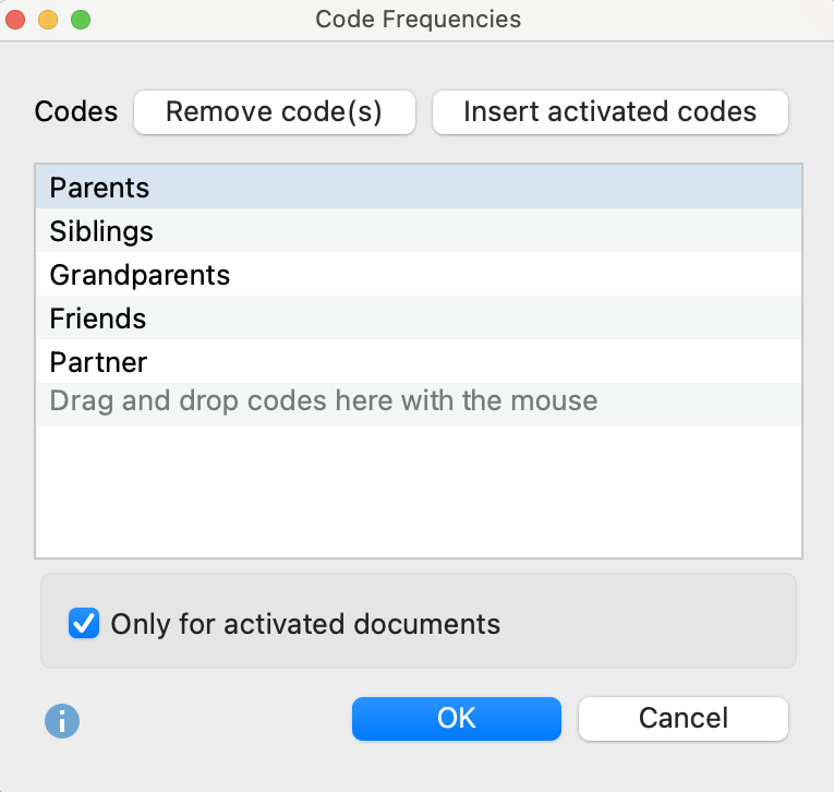 Select codes for the analysis of code frequencies