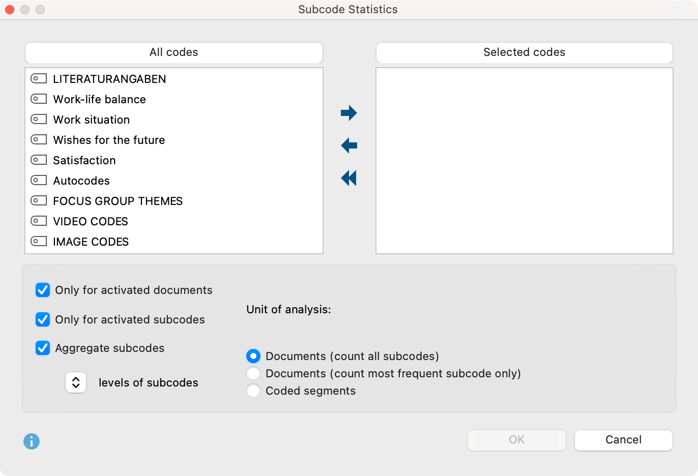 Statistics for subcodes: choose codes Statistics for subcodes: choose codes