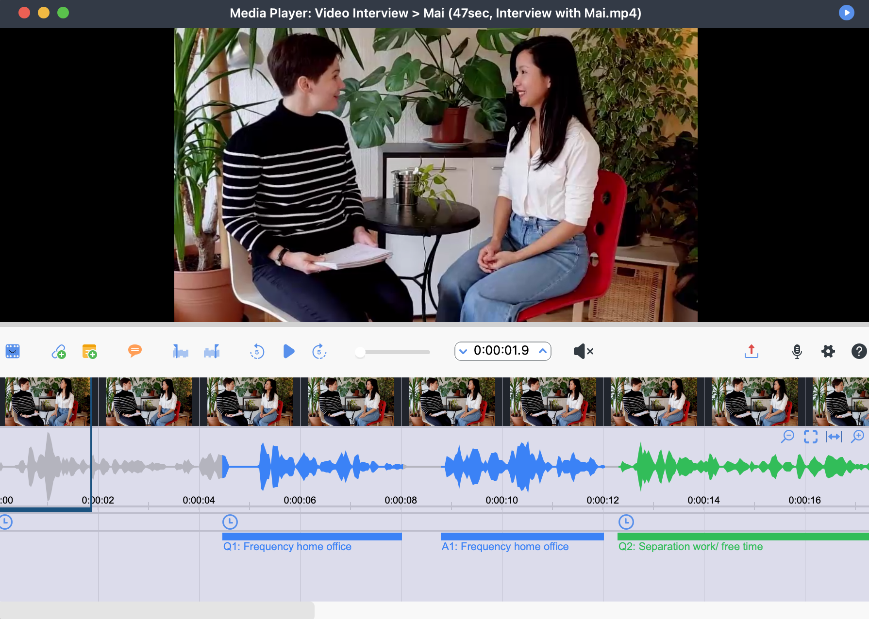 Der Media Player Das Media Player-Fenster mit Videoanzeige, Symbolleiste, Thumbnail-Leiste, Wellenform, Zeitstempelleiste und Codierstreifenbereich