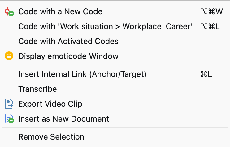 A selected video segment's context menu A selected video segment's context menu