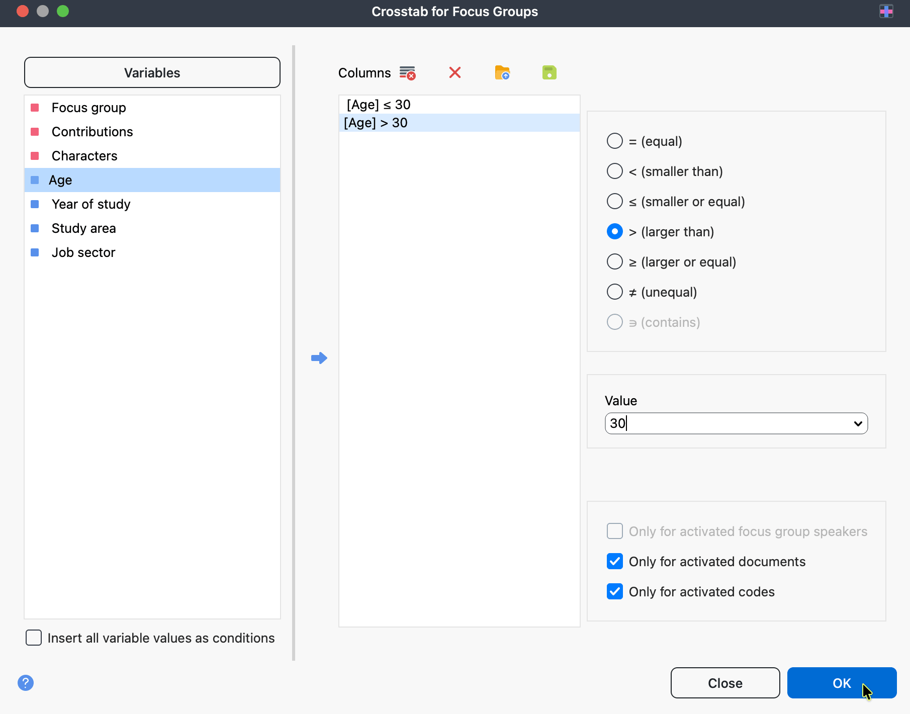 Define group (column) parameters Define group (column) parameters