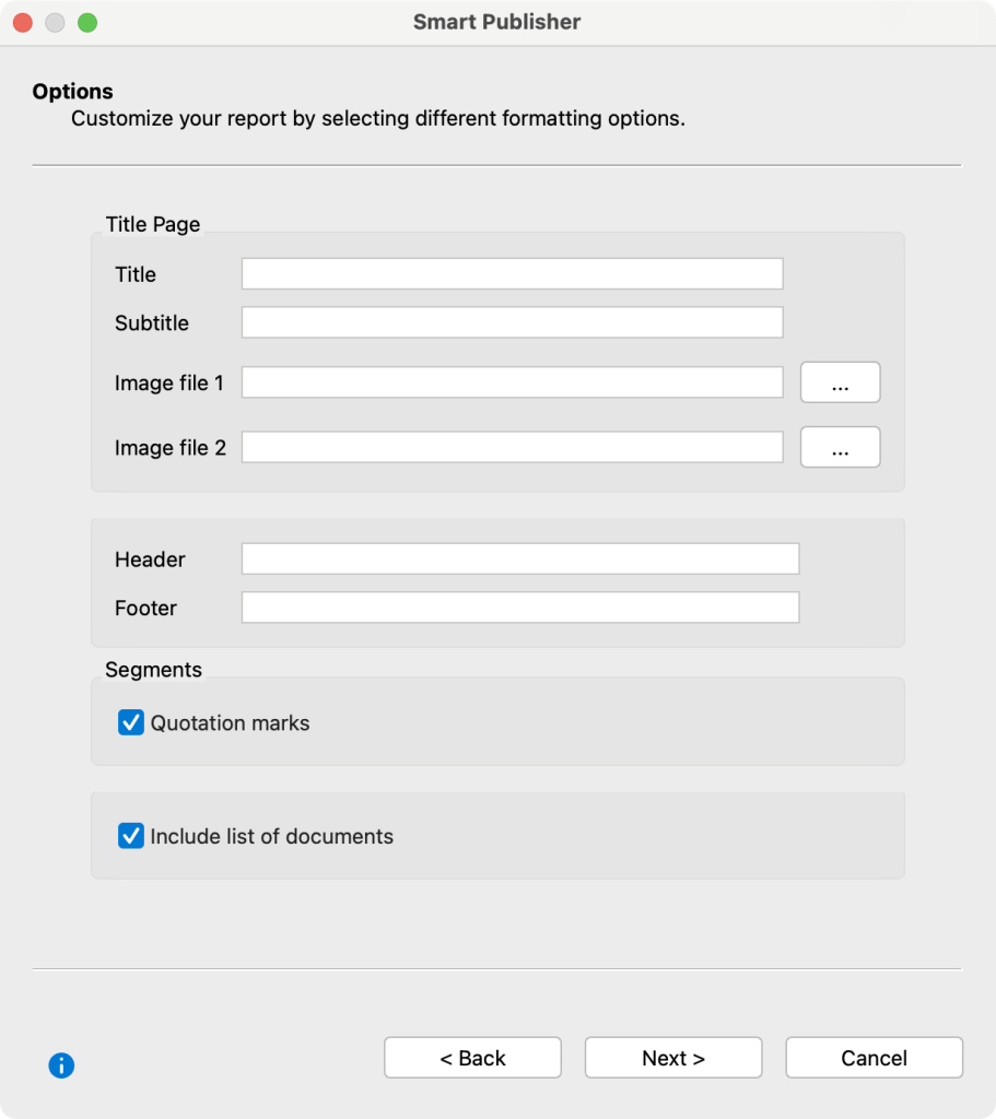 Dialogue for Smart Publisher Options