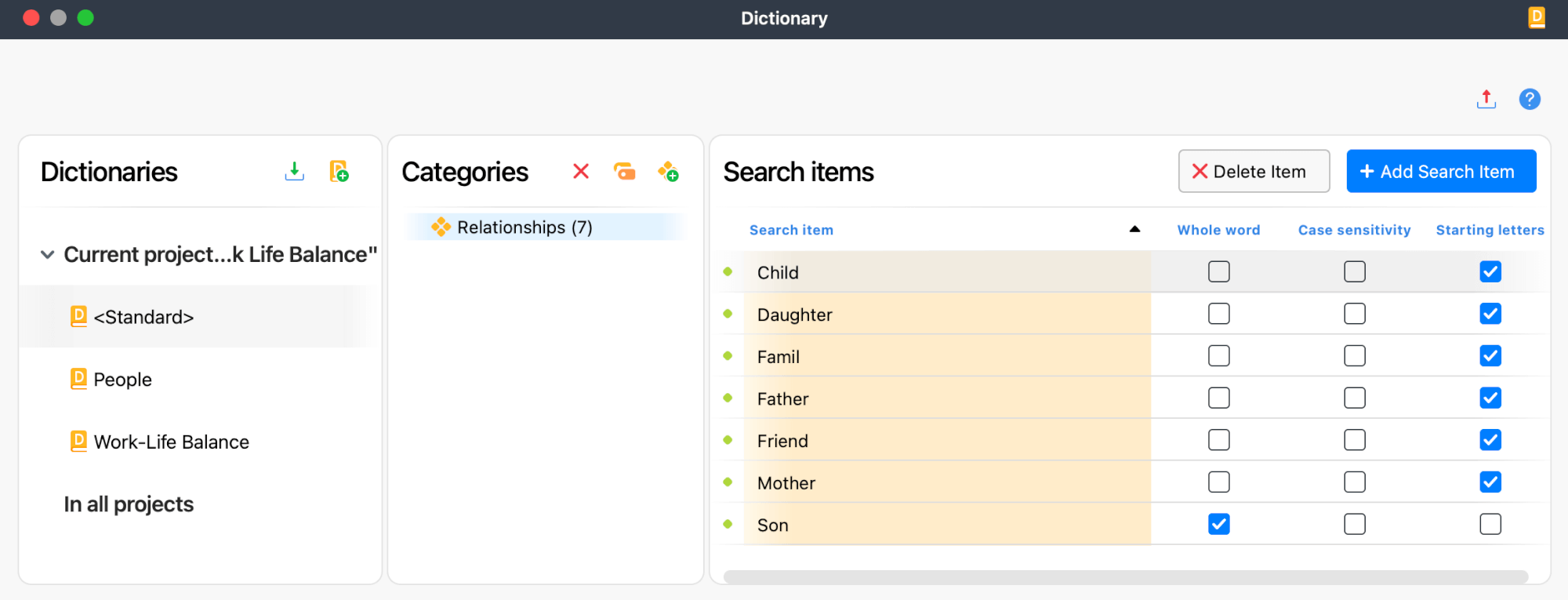 Create a dictionary Screenshot of dictionary window with example dictionary with a category laveled 'Relationships