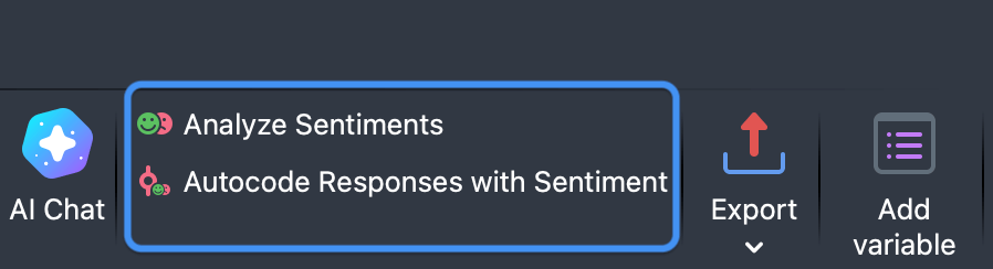 Screenshot of the Survey Analysis menu with the Analyze Sentiments and Autocode Responses with Sentiment options are highlighted