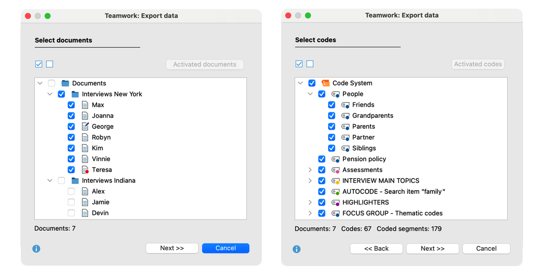 Select documents (left), select codes (right) Select documents (left), select codes (right)