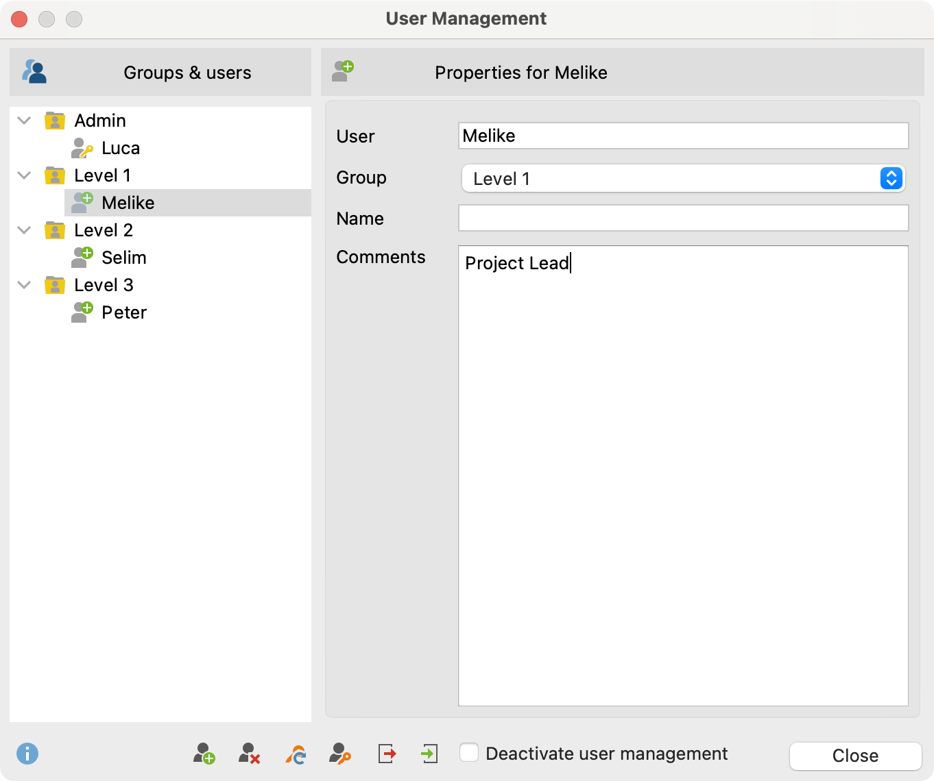 Main user management window
