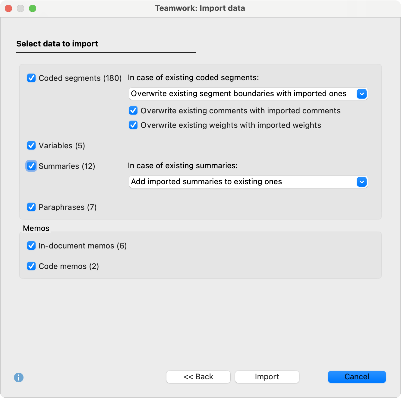 Options for the teamwork import Options for the teamwork import