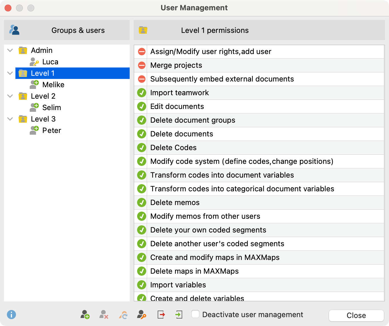 Define user rights for various levels of the hierarchy