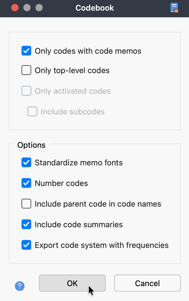 Setting options for the Codebook