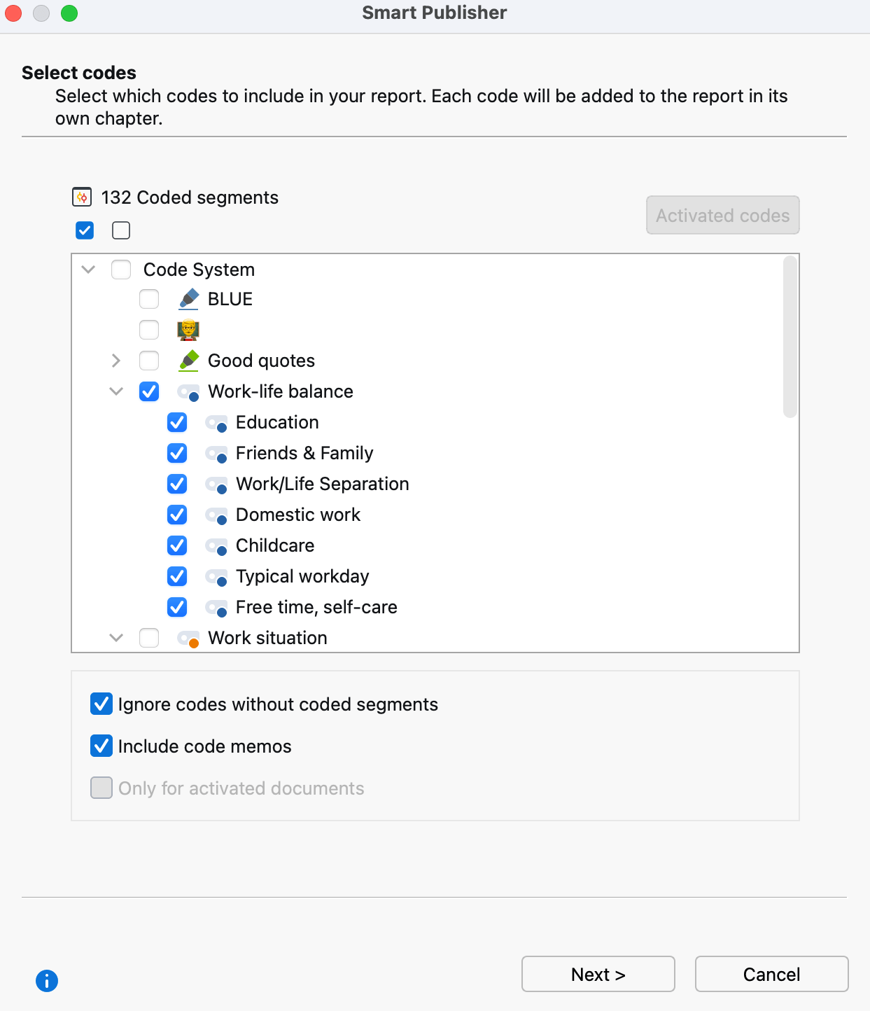 Smart Publisher code selection window Select codes for the Smart Publisher
