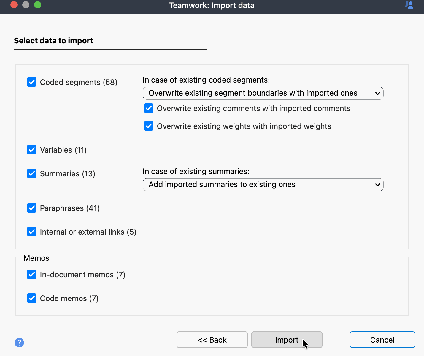 Screenshot of dialog with the teamwork import options