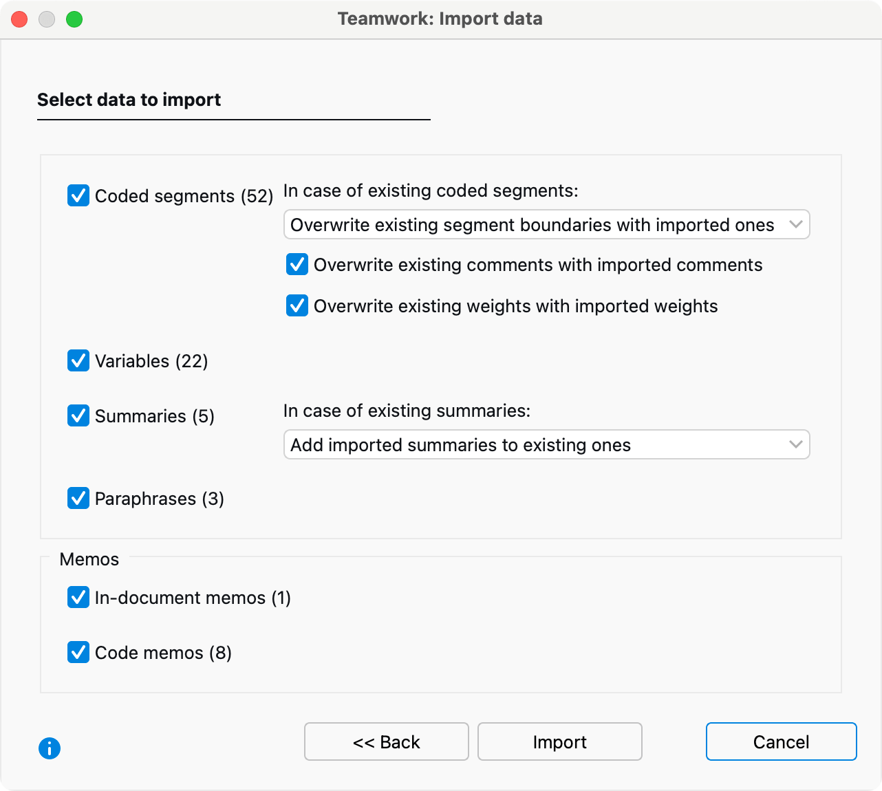Options for the teamwork import Options for the teamwork import