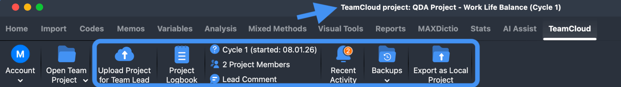 MAXQDA interface showing TeamCloud project title bar and TeamCloud menu options for verifying correct project file type