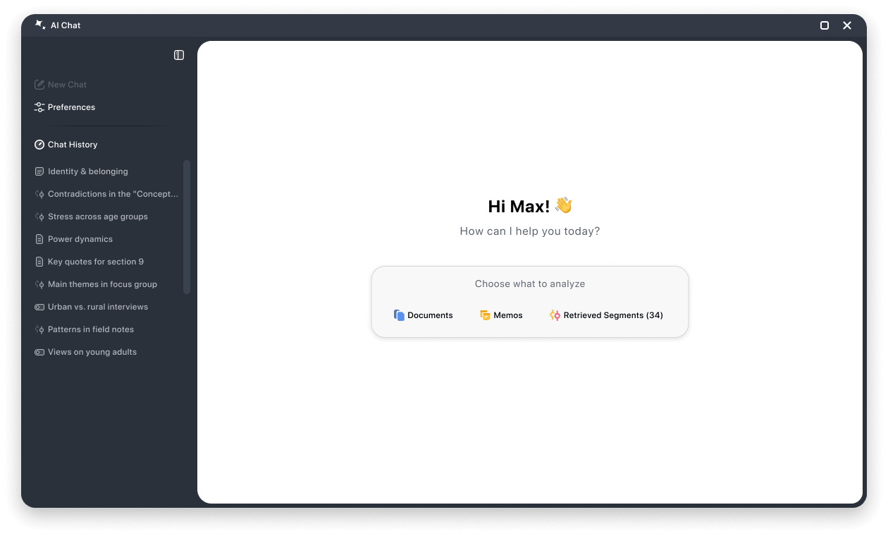 Der AI Chat-Startbildschirm AI Chat-Startbildschirm mit Optionen zur Auswahl von Dokumenten, Memos oder gelisteten Segmenten