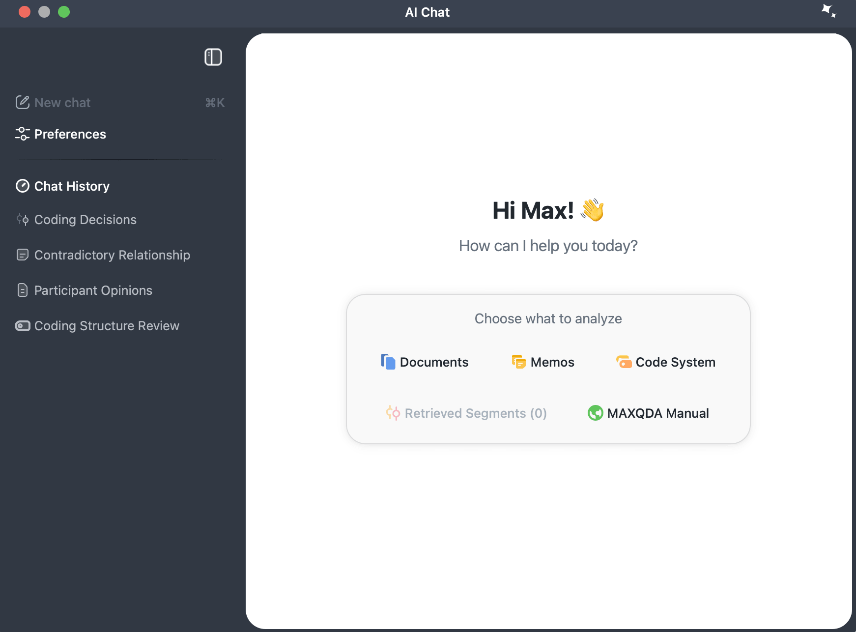 AI Chat-Startbildschirm mit Optionen zur Auswahl von Dokumenten, Memos, Liste der Codes, Liste der codierten Segmente oder MAXQDA Manual