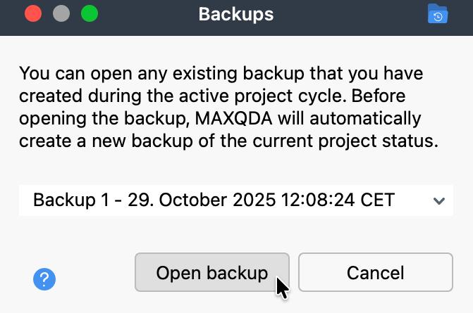 Screenshot of TeamCloud menu selecing Backups > Open Backup