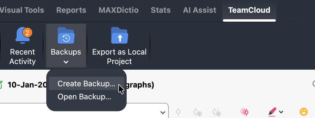 Screenshot of TeamCloud menu selecing Backups > Create Backup