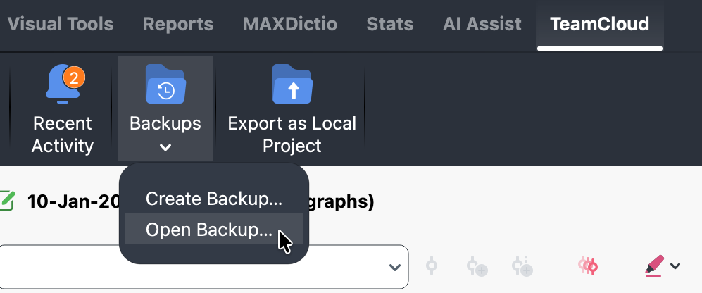 Screenshot of TeamCloud menu, showing the option to open a backup file