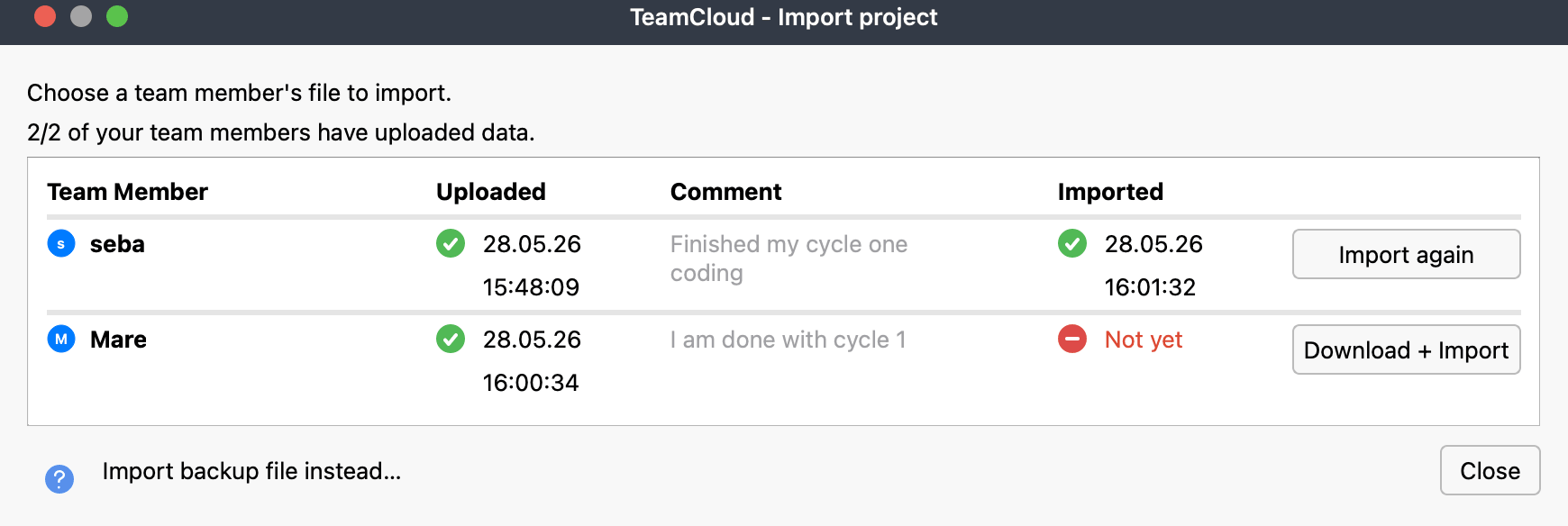 Import team members'work to the project after Cycle 1 Screenshot of MAXQDA TeamCloud Import dialog showing team member upload status and team lead import options