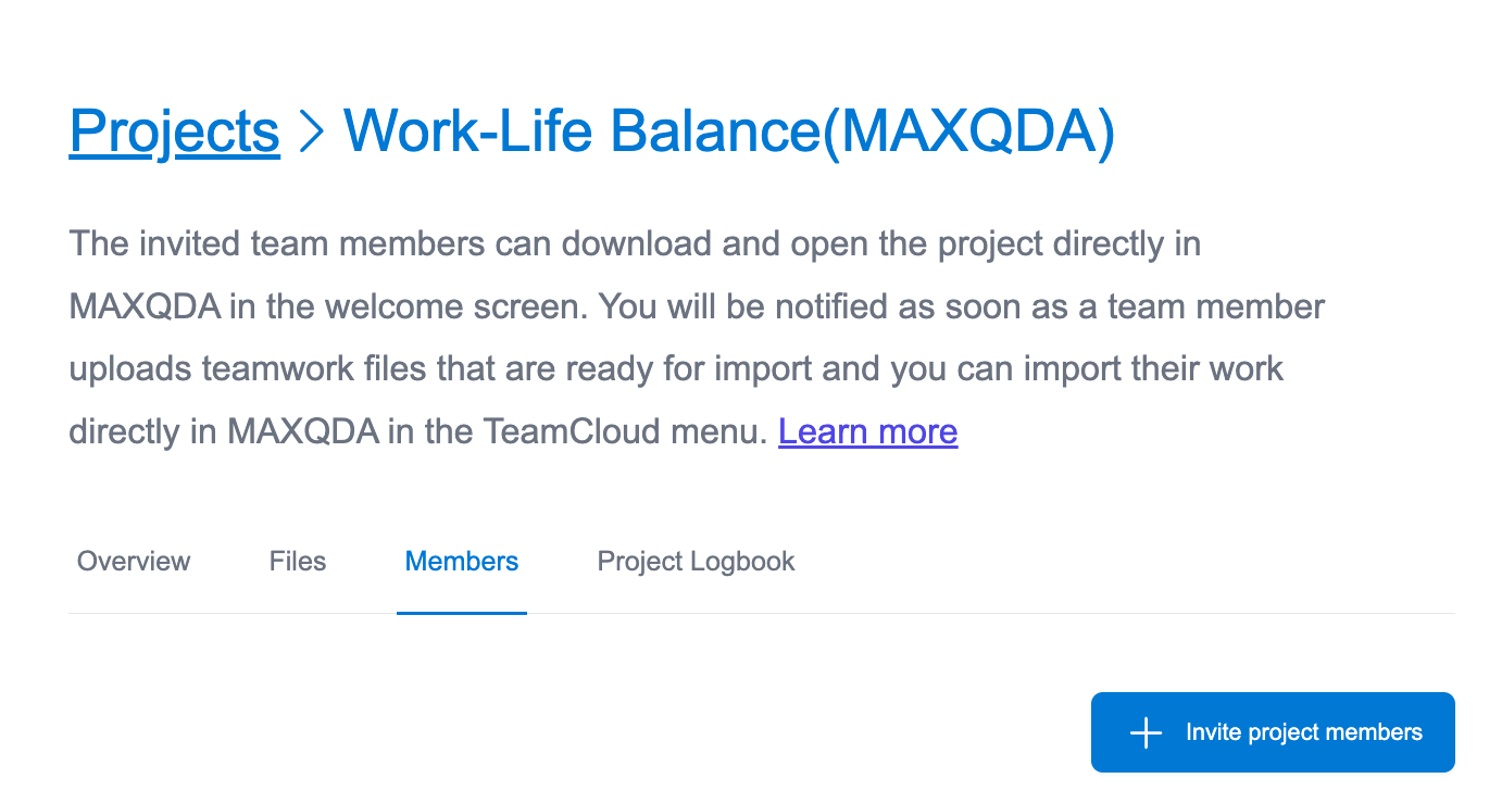 Invite team members to a TeamCloud project Screenshot of MAXQDA TeamCloud page with the option to invite team members