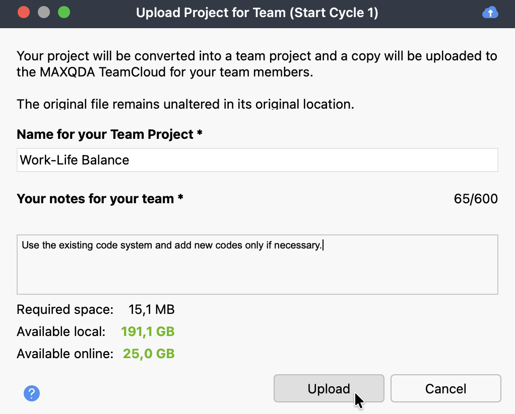Start Cycle 1 - MAXQDA Setup window Screenshot of MAXQDA TeamCloud setup window, where the Team Leads starts Cycle 1 of the project
