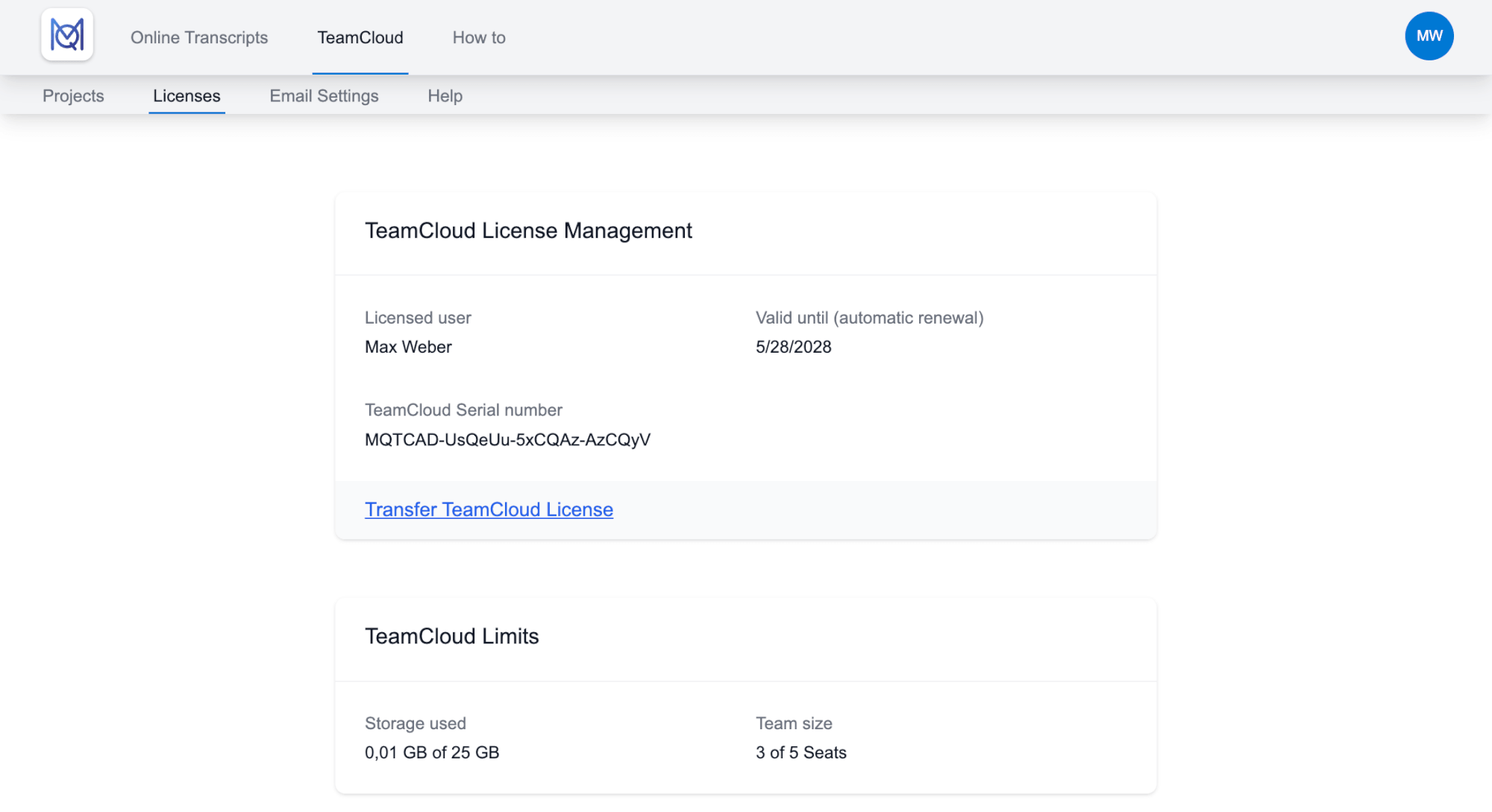 TeamCloud license details in the MAXQDA Account