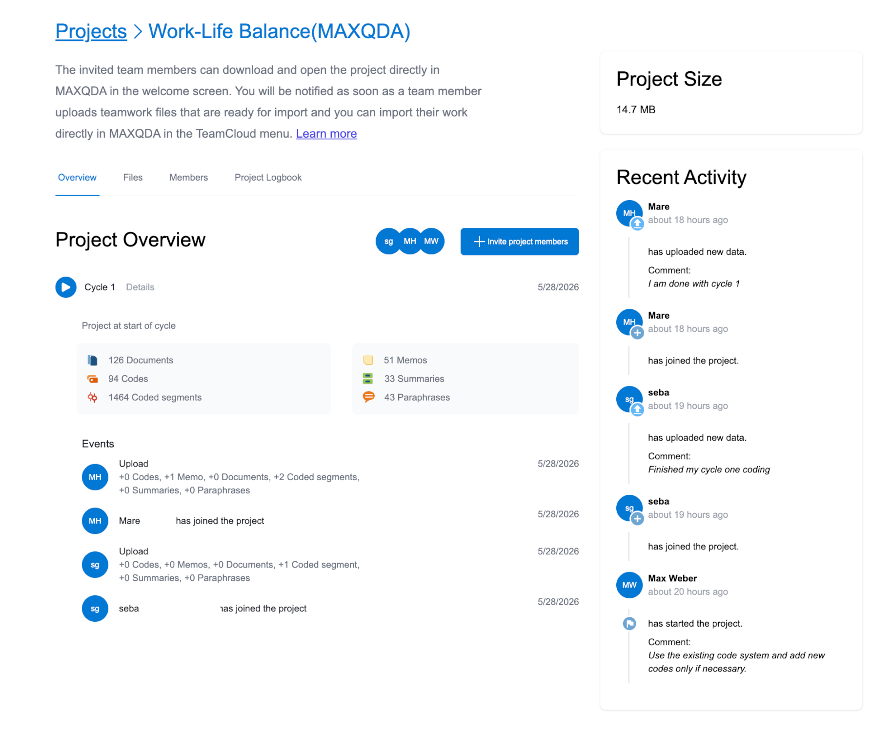 Project Overview page Project Overview page showing project statistics, cycle events, project size, and recent activity